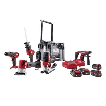   Flex STACK PACK + 5 Akkus gép szettben Görgős műanyag koffer 5 darab akkus géppel, akkuval és töltővel.