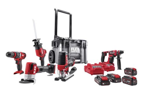 Flex STACK PACK + 5 Akkus gép szettben Görgős műanyag koffer 5 darab akkus géppel, akkuval és töltővel.